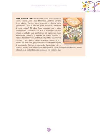 101
Ciências Humanas no Ciclo de Alfabetização
Ruas, quantas ruas, dos autores Aurea Joana Schwarz
Darin, Cosell Lenzi, Ieda Medeiros Cordeiro Espirito
Santo e Fanny Espirito Santo, ilustrado por Dilma Lúcia
Ignácio de Lima. O que se pode encontrar nas ruas
de uma cidade? Na obra Ruas, quantas ruas o leitor
é convidado a observar sua rua e a compará-la com
outras da cidade para verificar se ela apresenta mais
residências, comércio e serviços, se é bem cuidada ou
precisa de conservação, se tem mais gente e automóveis
circulando, etc. Assim, várias características do traçado
urbano são reveladas, propiciando trabalhar-se as noções
de sinalização, funções e adequação das ruas ao relevo.
No final, o leitor pode desenvolver as noções de lugar, paisagem e cidadania, sendo
estimulado a cuidar das ruas da cidade e a preservá-las.
Reprodução
 