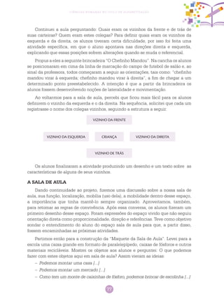 77
Ciências Humanas no Ciclo de Alfabetização
Continuei a aula perguntando: Quais eram os vizinhos da frente e de trás de
suas carteiras? Quem eram estes colegas? Para definir quais eram os vizinhos da
esquerda e da direita, os alunos tiveram certa dificuldade, por isso foi feita uma
atividade específica, em que o aluno apontava nas direções direita e esquerda,
explicando que essas posições sofrem alterações quando se muda o referencial.
Propus a eles a seguinte brincadeira “O Chefinho Mandou”. Na cancha os alunos
se posicionaram em cima da linha de marcação do campo de futebol de salão e, ao
sinal da professora, todos começaram a seguir as orientações, tais como: “chefinho
mandou virar à esquerda; chefinho mandou virar à direita”, a fim de chegar a um
determinado ponto preestabelecido. A intenção é que a partir da brincadeira os
alunos fossem desenvolvendo noções de lateralidade e movimentação.
Ao voltarmos para a sala de aula, percebi que ficou mais fácil para os alunos
definirem o vizinho da esquerda e o da direita. Na sequência, solicitei que cada um
registrasse o nome dos colegas vizinhos, seguindo a estrutura a seguir:
VIZINHO DA FRENTE
CRIANÇA
VIZINHO DE TRÁS
VIZINHO DA ESQUERDA VIZINHO DA DIREITA
Os alunos finalizaram a atividade produzindo um desenho e um texto sobre as
características de alguns de seus vizinhos.
A SALA DE AULA
Dando continuidade ao projeto, fizemos uma discussão sobre a nossa sala de
aula, sua função, localização, mobília (uso dela), a mobilidade dentro desse espaço,
a importância que tinha mantê-lo sempre organizado. Aproveitamos, também,
para retomar as regras de convivência. Após essa conversa, os alunos fizeram um
primeiro desenho desse espaço. Foram expressões do espaço vivido que não seguiu
orientação direta como proporcionalidade, direção e referências. Teve como objetivo
sondar o entendimento do aluno do espaço sala de aula para que, a partir disso,
fossem encaminhadas as próximas atividades.
Partimos então para a construção da “Maquete da Sala de Aula”. Levei para a
escola uma caixa grande em formato de paralelepípedo, caixas de fósforos e outros
materiais recicláveis. Mostrei os objetos aos alunos e perguntei: O que podemos
fazer com estes objetos aqui em sala de aula? Assim vieram as ideias:
– 	Podemos montar uma casa [...]
–	 Podemos montar um mercado [...]
–	 Como tem um monte de caixinhas de fósforo, podemos brincar de escolinha [...]
 