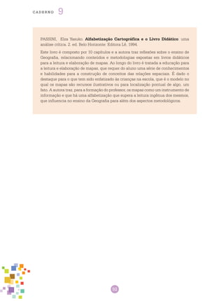 92
cade r n o 9
PASSINI, Elza Yasuko. Alfabetização Cartográfica e o Livro Didático: uma
análise crítica. 2. ed. Belo Horizonte: Editora Lê, 1994.
Este livro é composto por 10 capítulos e a autora traz reflexões sobre o ensino de
Geografia, relacionando conteúdos e metodologias expostas em livros didáticos
para a leitura e elaboração de mapas. Ao longo do livro é tratada a educação para
a leitura e elaboração de mapas, que requer do aluno uma série de conhecimentos
e habilidades para a construção de conceitos das relações espaciais. É dado o
destaque para o que tem sido enfatizado às crianças na escola, que é o modelo no
qual os mapas são recursos ilustrativos ou para localização pontual de algo, um
fato. A autora traz, para a formação do professor, os mapas como um instrumento de
informação e que há uma alfabetização que supera a leitura ingênua dos mesmos,
que influencia no ensino da Geografia para além dos aspectos metodológicos.
 