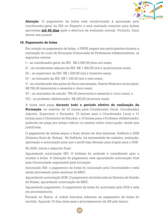 49
apresentação
Atenção: O pagamento da bolsa está condicionado à aprovação pelo
coordenador-geral da IES no Sispacto e será realizado somente para bolsas
aprovadas até 60 dias após a abertura da avaliação mensal. Portanto, fique
atento aos prazos!
10.	Pagamento de bolsa
Em relação ao pagamento de bolsa, o FNDE pagará aos participantes durante a
realização do curso de Formação Continuada de Professores Alfabetizadores, os
seguintes valores:
I – ao coordenador-geral da IES: R$ 2.000,00 (dois mil reais);
II – ao coordenador-adjunto da IES: R$ 1.400,00 (mil e quatrocentos reais);
III – ao supervisor da IES: R$ 1.200,00 (mil e duzentos reais);
IV – ao formador da IES: R$ 1.100,00 (mil e cem reais);
V – ao coordenador das ações do Pacto nos estados, Distrito Federal e municípios:
R$ 765,00 (setecentos e sessenta e cinco reais);
VI – ao orientador de estudo: 765,00 (setecentos e sessenta e cinco reais); e
VII – ao professor alfabetizador: R$ 200,00 (duzentos reais).
A bolsa será paga durante todo o período efetivo de realização da
Formação, no máximo de 12 bolsas para Coordenador Geral, Coordenador
Adjunto, Supervisor e Formador, 10 bolsas para o Coordenador Local e 11
bolsas para o Orientador de Estudos, e 10 bolsas para o Professor Alfabetizador,
podendo ser paga por tempo inferior ou mesmo sofrer interrupção, desde que
justificada.
O pagamento de bolsas segue o fluxo dentro de dois sistemas: SisPacto e SGB
(Sistema Geral de Bolsas). No SisPacto, há necessidade de cadastro, avaliação,
aprovação e autorização para que o perfil seja liberado para migrar para o SGB.
No SGB, temos o seguinte fluxo:
Aguardando autorização IES: O bolsista foi avaliado e considerado apto a
receber a bolsa. A liberação do pagamento está aguardando autorização final
pela Universidade responsável pela formação.
Autorizado IES: o pagamento da bolsa foi autorizado pela Universidade e está
sendo processado pelos sistemas do MEC.
Aguardando autorização SGB: O pagamento da bolsa está no Sistema de Gestão
de Bolsas, aguardando autorização do MEC.
Aguardando pagamento: O pagamento da bolsa foi autorizado pelo SGB e está
em processamento.
Enviado ao Banco: A ordem bancária referente ao pagamento da bolsa foi
emitida. Aguarde 10 dias úteis para o processamento da OB pelo banco.
 