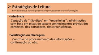  Estratégias de Leitura
Procedimentos psicolinguísticos de processamento de informações
• Inferência
Captação de “não ditos” em “entrelinhas”; adivinhações
com base em pistas do texto e conhecimentos prévios dos
contextos, dos portadores, das circunstâncias.
• Verificação ou Checagem
Controle do processamento das informações –
confirmação ou não.
 
