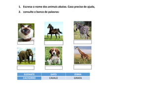 1. Escreva o nome dos animais abaixo. Caso precise de ajuda,
2. consulte o banco de palavras:
ELEFANTE GATO ZEBRA
CACHORRO CAVALO GIRAFA
 