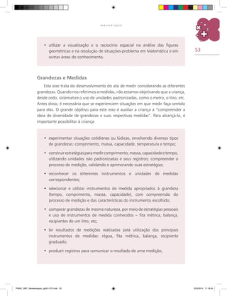 53
A P R E S E N T A Ç Ã O
experimentar situações cotidianas ou lúdicas, envolvendo diversos tipos•	
de grandezas: comprimento, massa, capacidade, temperatura e tempo;
construirestratégiasparamedircomprimento,massa,capacidadeetempo,•	
utilizando unidades não padronizadas e seus registros; compreender o
processo de medição, validando e aprimorando suas estratégias;
reconhecer os diferentes instrumentos e unidades de medidas•	
correspondentes;
selecionar e utilizar instrumentos de medida apropriados à grandeza•	
(tempo, comprimento, massa, capacidade), com compreensão do
processo de medição e das características do instrumento escolhido;
comparar grandezas de mesma natureza, por meio de estratégias pessoais•	
e uso de instrumentos de medida conhecidos – fita métrica, balança,
recipientes de um litro, etc;
ler resultados de medições realizadas pela utilização dos principais•	
instrumentos de medidas: régua, fita métrica, balança, recipiente
graduado;
produzir registros para comunicar o resultado de uma medição;•	
Grandezas e Medidas
Este eixo trata do desenvolvimento do ato de medir considerando as diferentes
grandezas. Quando nos referimos a medidas, não estamos objetivando que a criança,
desde cedo, sistematize o uso de unidades padronizadas, como o metro, o litro, etc.
Antes disso, é necessário que se experienciem situações em que medir faça sentido
para elas. O grande objetivo para este eixo é auxiliar a criança a “compreender a
ideia de diversidade de grandezas e suas respectivas medidas”. Para alcançá-lo, é
importante possibilitar à criança:
utilizar a visualização e o raciocínio espacial na análise das figuras•	
geométricas e na resolução de situações-problema em Matemática e em
outras áreas do conhecimento.
PNAIC_MAT_Apresentaçao_pg001-072.indd 53 25/3/2014 11:18:24
 