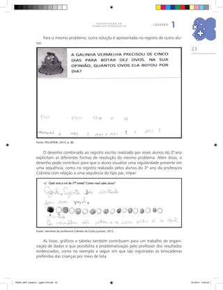 23
O R G A N I Z A Ç Ã O D O
T R A B A L H O P E D A G Ó G I C O
caderno
1
Para o mesmo problema, outra solução é apresentada no registro de outro alu-
no:
Fonte: PELLATIERI, 2013, p. 80.
O desenho combinado ao registro escrito realizado por esses alunos do 2.ºano
explicitam as diferentes formas de resolução do mesmo problema. Além disso, o
desenho pode contribuir para que o aluno visualize uma regularidade presente em
uma sequência, como no registro realizado pelos alunos do 3º ano da professora
Cidinéia com relação a uma sequência do tipo par, ímpar:
Fonte: narrativa da professora Cidinéia da Costa Luvison, 2012.
As listas, gráficos e tabelas também contribuem para um trabalho de organi-
zação de dados e que possibilita a problematização pelo professor dos resultados
evidenciados, como no exemplo a seguir em que são registradas as brincadeiras
preferidas das crianças por meio de lista:
PNAIC_MAT_Caderno 1_pg001-072.indd 23 9/1/2014 15:25:53
 