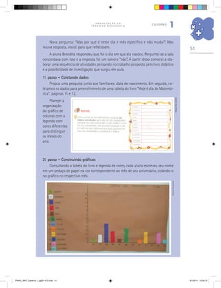 51
O R G A N I Z A Ç Ã O D O
T R A B A L H O P E D A G Ó G I C O
caderno
1
Nova pergunta: “Mas por que é neste dia e mês específico e não muda?”. Não
houve resposta, insisti para que refletissem.
A aluna Brendha respondeu que foi o dia em que ela nasceu. Perguntei se a sala
concordava com isso e a resposta foi um sonoro “não”. A partir disso comecei a ela-
borar uma sequência de atividades pensando no trabalho proposto pelo livro didático
e a possibilidade de investigação que surgiu em aula.
1.o
passo – Coletando dados
Propus uma pesquisa junto aos familiares: data de nascimento. Em seguida, co-
letamos os dados para preenchimento de uma tabela do livro “Hoje é dia de Matemá-
tica”, páginas 11 e 12.
Planejei a
organização
do gráfico de
colunas com a
legenda com
cores diferentes
para distinguir
os meses do
ano.
2.o
passo – Construindo gráficos
Consultando a tabela do livro e legenda de cores, cada aluno escreveu seu nome
em um pedaço de papel na cor correspondente ao mês de seu aniversário, colando-o
no gráfico no respectivo mês.
Arquivodosautores
Arquivodosautores
PNAIC_MAT_Caderno 1_pg001-072.indd 51 9/1/2014 15:26:10
 