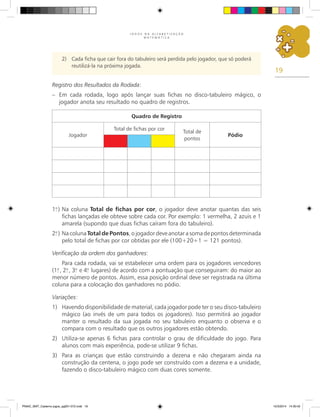 19
J O G O S N A A L F A B E T I Z A Ç Ã O
M A T E M Á T I C A
Quadro de Registro
Jogador
Total de fichas por cor
Total de
pontos
Pódio
2) Cada ficha que cair fora do tabuleiro será perdida pelo jogador, que só poderá
reutilizá-la na próxima jogada.
Registro dos Resultados da Rodada:
– Em cada rodada, logo após lançar suas fichas no disco-tabuleiro mágico, o
jogador anota seu resultado no quadro de registros.
1.
o
) Na coluna Total de fichas por cor, o jogador deve anotar quantas das seis
fichas lançadas ele obteve sobre cada cor. Por exemplo: 1 vermelha, 2 azuis e 1
amarela (supondo que duas fichas caíram fora do tabuleiro).
2.
o
) NacolunaTotal de Pontos,ojogadordeveanotarasomadepontosdeterminada
pelo total de fichas por cor obtidas por ele (100+20+1 = 121 pontos).
Verificação da ordem dos ganhadores:
Para cada rodada, vai se estabelecer uma ordem para os jogadores vencedores
(1.
o
, 2.
o
, 3.
o
e 4.
o
lugares) de acordo com a pontuação que conseguiram: do maior ao
menor número de pontos. Assim, essa posição ordinal deve ser registrada na última
coluna para a colocação dos ganhadores no pódio.
Variações:
1) Havendo disponibilidade de material, cada jogador pode ter o seu disco-tabuleiro
mágico (ao invés de um para todos os jogadores). Isso permitirá ao jogador
manter o resultado da sua jogada no seu tabuleiro enquanto o observa e o
compara com o resultado que os outros jogadores estão obtendo.
2) Utiliza-se apenas 6 fichas para controlar o grau de dificuldade do jogo. Para
alunos com mais experiência, pode-se utilizar 9 fichas.
3) Para as crianças que estão construindo a dezena e não chegaram ainda na
construção da centena, o jogo pode ser construído com a dezena e a unidade,
fazendo o disco-tabuleiro mágico com duas cores somente.
PNAIC_MAT_Caderno jogos_pg001-072.indd 19 10/3/2014 14:30:42
 