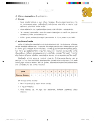 41
J O G O S N A A L F A B E T I Z A Ç Ã O
M A T E M Á T I C A
c) Número de jogadores: 2 participantes.
d) Regras:
– Cada jogador coloca as suas fichas, nas casas de uma das margens do rio,
da maneira que quiser, podendo pôr mais do que uma ficha na mesma casa,  
deixando, portanto, outras vazias.
– Alternadamente, os jogadores lançam dados e calculam a soma obtida.
– Se a soma corresponder a uma das casa onde estejam as suas fichas, passa-se
uma delas para o outro lado do rio.
– Ganha quem primeiro conseguir passar todas as fichas para o outro lado.
e) Problematizando:
Além das possibilidades relativas ao desenvolvimento do cálculo mental, observa-
se que este jogo desenvolve a criação de estratégias baseadas na observação de que
há somas que saem com maior frequência e somas que saem com menor frequência.
Isso indica que podemos fazer perguntas procurando ressaltar esse aspecto, como:
Quais são as melhores somas para serem escolhidas no jogo? Por quê? É melhor
distribuir as fichas no tabuleiro ou colocá-las apenas em uma das somas? Por quê?
Finalizado o jogo, pode-se construir situações fictícias para discutir com as
crianças os conceitos envolvidos, por exemplo: Marcela e Bruno estavam brincando
com o jogo “Travessia do Rio”. Em um quadro, eles marcaram a quantidade de vezes
que saiu cada uma das somas. Observe:
Soma 1 2 3 4 5 6 7 8 9 10 11 12
Número de vezes 0 2 4 4 5 7 9 6 4 3 3 2
De acordo com o quadro:
Quais as somas que menos foram obtidas?
•
E a que mais saiu?
•
Você reparou se, no jogo que realizaram, também aconteceu dessa
•
maneira?
PNAIC_MAT_Caderno jogos_pg001-072.indd 41 10/3/2014 14:31:08
 