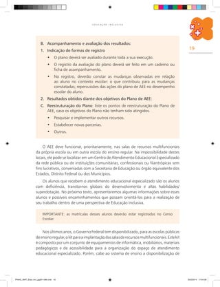 19
E D U C A Ç Ã O I N C L U S I V A
B.	 Acompanhamento e avaliação dos resultados:
1.	 Indicação de formas de registro
•	 O plano deverá ser avaliado durante toda a sua execução.
•	 O registro da avaliação do plano deverá ser feito em um caderno ou
ficha de acompanhamento.
•	 No registro, deverão constar as mudanças observadas em relação
ao aluno no contexto escolar: o que contribuiu para as mudanças
constatadas; repercussões das ações do plano de AEE no desempenho
escolar do aluno.
2.	 Resultados obtidos diante dos objetivos do Plano de AEE:
C.	 Reestruturação do Plano: liste os pontos de reestruturação do Plano de
AEE, caso os objetivos do Plano não tenham sido atingidos.
•	 Pesquisar e implementar outros recursos.
•	 Estabelecer novas parcerias.
•	 Outros.
O AEE deve funcionar, prioritariamente, nas salas de recursos multifuncionais
da própria escola ou em outra escola do ensino regular. Na impossibilidade destes
locais, ele pode se localizar em um Centro de Atendimento Educacional Especializado
da rede pública ou de instituições comunitárias, confessionais ou filantrópicas sem
fins lucrativos, conveniadas com a Secretaria de Educação ou órgão equivalente dos
Estados, Distrito Federal ou dos Municípios.
Os alunos que recebem o atendimento educacional especializado são os alunos
com deficiência, transtornos globais do desenvolvimento e altas habilidades/
superdotação. No próximo texto, apresentaremos algumas informações sobre esses
alunos e possíveis encaminhamentos que possam orientá-los para a realização de
seu trabalho dentro de uma perspectiva de Educação Inclusiva.
IMPORTANTE: as matrículas desses alunos deverão estar registradas no Censo
Escolar.
Nos últimos anos, o Governo Federal tem disponibilizado, para as escolas públicas
deensinoregular,okitparaaimplantaçãodassalasderecursosmultifuncionais.Estekit
é composto por um conjunto de equipamentos de informática, mobiliários, materiais
pedagógicos e de acessibilidade para a organização do espaço de atendimento
educacional especializado. Porém, cabe ao sistema de ensino a disponibilização de
PNAIC_MAT_Educ Incl_pg001-096.indd 19 25/2/2014 17:04:09
 