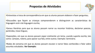 Propostas de Atividades
•Entrevistas e troca de correspondência em que os alunos possam elaborar e fazer perguntas;
•Discussões que façam as crianças compreenderem e distinguirem as características da
linguagem oral e da linguagem escrita;
•Saraus literários para que os alunos possam narrar ou recontar histórias, declamar poesias,
parlendas, trava-línguas;
•Exposições, em que os alunos possam expor oralmente um tema, usando suporte escrito, tais
como: cartazes, roteiro, para apoiar sua fala, entre outros. Exemplo: Seminário.
•Rodas de conversa em que os alunos possam escutar e narrar fatos conhecidos e falar sobre
assuntos estudados. Ver Exemplo:
 
