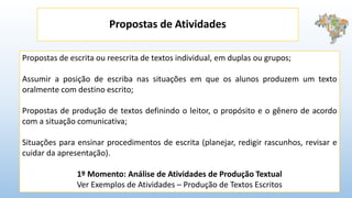 Propostas de Atividades
Propostas de escrita ou reescrita de textos individual, em duplas ou grupos;
Assumir a posição de escriba nas situações em que os alunos produzem um texto
oralmente com destino escrito;
Propostas de produção de textos definindo o leitor, o propósito e o gênero de acordo
com a situação comunicativa;
Situações para ensinar procedimentos de escrita (planejar, redigir rascunhos, revisar e
cuidar da apresentação).
1º Momento: Análise de Atividades de Produção Textual
Ver Exemplos de Atividades – Produção de Textos Escritos
 