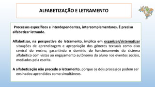 ALFABETIZAÇÃO E LETRAMENTO
Processos específicos e interdependentes, intercomplementares. É preciso
alfabetizar letrando.
Alfabetizar, na perspectiva do letramento, implica em organizar/sistematizar
situações de aprendizagem e apropriação dos gêneros textuais como eixo
central do ensino, garantindo o domínio do funcionamento do sistema
alfabético com vistas ao engajamento autônomo do aluno nos eventos sociais,
mediados pela escrita.
A alfabetização não precede o letramento, porque os dois processos podem ser
ensinados-aprendidos como simultâneos.
 