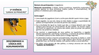 1ª VIVÊNCIA:
¨GANHA 50 PRIMEIRO”
Número de participantes: 2 jogadores
Materiais necessários: 2 dados, fichas numéricas, tapetinho matemático,
usando apenas as duas primeiras ordens (soltos e amarradinhos), 50
palitos e 5 elásticos para cada jogador
Como jogar?
 Uma dupla de jogadores tiram a sorte para decidir quem inicia o jogo;
 Cada jogador, na sua vez, lança os dois dados e pega a quantidade de
palitos correspondente ao total de pontos dos dados;
 Se o resultado for igual ou maior que dez, a criança deverá usar a liga
elástica para formar um amarradinho de dez palitos. Se houver sobra,
ela ficará no tapetinho, na coluna dos soltos, para se juntar aos palitos
ganhos nas próximas rodadas;
 Ao concluir a organização de seus palitos no tapetinho, o jogador
deverá representar, com fichas numéricas, o número de pontos obtidos
na rodada e passa os dois dados para o colega seguinte;
 O adversário realiza o mesmo procedimento, lançando os dados e, cada
vez que obtiver dez palitos, usa a liga elástica para formar um grupo,
podendo ficar, no final da rodada, com palitos soltos e amarradinhos;
 Ao obter cinco grupos de dez palitos, a criança anuncia em voz alta
“GANHEI 50 PRIMEIRO”!
DESCOBRINDO A
LÓGICA DOS
AGRUPAMENTOS
10
 