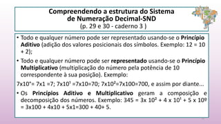 Compreendendo a estrutura do Sistema
de Numeração Decimal-SND
(p. 29 e 30 - caderno 3 )
• Todo e qualquer número pode ser representado usando-se o Princípio
Aditivo (adição dos valores posicionais dos símbolos. Exemplo: 12 = 10
+ 2);
• Todo e qualquer número pode ser representado usando-se o Princípio
Multiplicativo (multiplicação do número pela potência de 10
correspondente à sua posição). Exemplo:
7x10°= 7x1 =7; 7x10¹ =7x10=70; 7x10²=7x100=700, e assim por diante...
• Os Princípios Aditivo e Multiplicativo geram a composição e
decomposição dos números. Exemplo: 345 = 3x 10² + 4 x 10¹ + 5 x 10º
= 3x100 + 4x10 + 5x1=300 + 40+ 5.
16
 