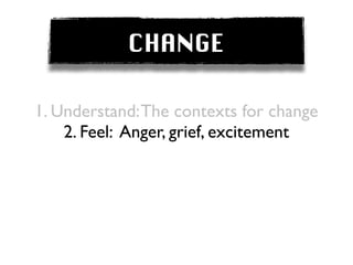 CHANGE

1. Understand: The contexts for change
    2. Feel: Anger, grief, excitement
 