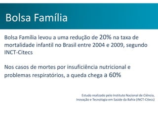 Bolsa Família levou a uma redução de 20% na taxa de
mortalidade infantil no Brasil entre 2004 e 2009, segundo
INCT-Citecs
Nos casos de mortes por insuficiência nutricional e
problemas respiratórios, a queda chega a 60%
Estudo realizado pelo Instituto Nacional de Ciência,
Inovação e Tecnologia em Saúde da Bahia (INCT-Citecs)
Bolsa Família
 