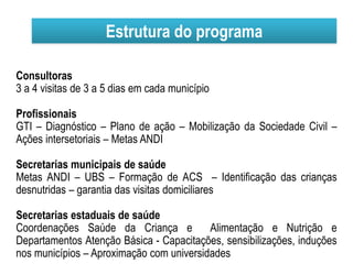 Estrutura do programa
Consultoras
3 a 4 visitas de 3 a 5 dias em cada município
Profissionais
GTI – Diagnóstico – Plano de ação – Mobilização da Sociedade Civil –
Ações intersetoriais – Metas ANDI
Secretarias municipais de saúde
Metas ANDI – UBS – Formação de ACS – Identificação das crianças
desnutridas – garantia das visitas domiciliares
Secretarias estaduais de saúde
Coordenações Saúde da Criança e Alimentação e Nutrição e
Departamentos Atenção Básica - Capacitações, sensibilizações, induções
nos municípios – Aproximação com universidades
 