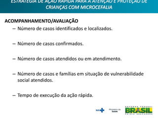 ACOMPANHAMENTO/AVALIAÇÃO
– Número de casos identificados e localizados.
– Número de casos confirmados.
– Número de casos atendidos ou em atendimento.
– Número de casos e famílias em situação de vulnerabilidade
social atendidos.
– Tempo de execução da ação rápida.
ESTRATÉGIA DE AÇÃO RÁPIDA PARA A ATENÇÃO E PROTEÇÃO DE
CRIANÇAS COM MICROCEFALIA
 