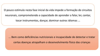 O pouco estímulo nesta fase inicial da vida impede a formação de circuitos
neuronais, comprometendo a capacidade de aprender a falar, ler, cantar,
tocar instrumentos, dançar, dominar outros idiomas ...
... Bem como deficiências nutricionais e incapacidade de detectar e tratar
certas doenças atrapalham o desenvolvimento físico das crianças
 