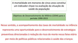 Nesse sentido, o acompanhamento das taxas de mortalidade na infância
representa uma oportunidade para o desenvolvimento de estratégias
preventivas direcionadas à redução do risco de morte nessa faixa etária
por meio de políticas públicas relacionadas à saúde das crianças
A mortalidade em menores de cinco anos constitui
um indicador chave na avaliação da situação de
saúde da população
Objetivos de Desenvolvimento do Milênio (ODM) para o
período 1990-2015
 