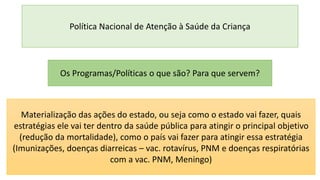 Política Nacional de Atenção à Saúde da Criança
Os Programas/Políticas o que são? Para que servem?
Materialização das ações do estado, ou seja como o estado vai fazer, quais
estratégias ele vai ter dentro da saúde pública para atingir o principal objetivo
(redução da mortalidade), como o país vai fazer para atingir essa estratégia
(Imunizações, doenças diarreicas – vac. rotavírus, PNM e doenças respiratórias
com a vac. PNM, Meningo)
 