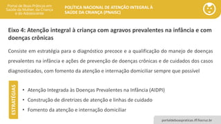 POLÍTICA NACIONAL DE ATENÇÃO INTEGRAL À
SAÚDE DA CRIANÇA (PNAISC)
portaldeboaspraticas.iff.fiocruz.br
Eixo 4: Atenção integral à criança com agravos prevalentes na infância e com
doenças crônicas
• Atenção Integrada às Doenças Prevalentes na Infância (AIDPI)
• Construção de diretrizes de atenção e linhas de cuidado
• Fomento da atenção e internação domiciliar
Consiste em estratégia para o diagnóstico precoce e a qualificação do manejo de doenças
prevalentes na infância e ações de prevenção de doenças crônicas e de cuidados dos casos
diagnosticados, com fomento da atenção e internação domiciliar sempre que possível
ESTRATÉGIAS
 