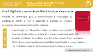 POLÍTICA NACIONAL DE ATENÇÃO INTEGRAL À
SAÚDE DA CRIANÇA (PNAISC)
portaldeboaspraticas.iff.fiocruz.br
Eixo 7: Vigilância e prevenção do óbito infantil, fetal e materno
• Identificação dos óbitos infantis, fetais e mulheres em idade fértil
• Investigação domiciliar, ambulatorial, hospitalar, serviços de verificação
• de óbito e institutos de medicina legal dos óbitos infantis, fetais e maternos
• Discussão dos casos, análise da evitabilidade, identificação e recomendações
• de medidas necessárias para a prevenção de novas ocorrências.
Consiste na contribuição para o monitoramento e investigação da
mortalidade infantil e fetal e possibilita a avaliação de medidas
necessárias para a prevenção de óbitos evitáveis.
E
S
T
R
AT
É
G
I
A
S
 