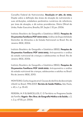 Política Nacional de Alimentação e Nutrição




Conselho Federal de Nutricionistas. Resolução nº 380, de 2005.
Dispõe sobre a definição das áreas de atuação do nutricionista e
suas atribuições, estabelece parâmetros numéricos de referência,
por área de atuação, e dá outras providências. Diário Oficial da
União, Poder Executivo, Brasília, DF, Seção 1, 10 jan. 2006.

Instituto Brasileiro de Geografia e Estatística (IBGE). Pesquisa de
Orçamentos Familiares POF 2002-2003. Análise da Disponibilidade
Domiciliar de Alimentos e do Estado Nutricional no Brasil. Rio de
Janeiro: IBGE, 2004.

Instituto Brasileiro de Geografia e Estatística (IBGE). Pesquisa de
Orçamentos Familiares POF 2002-2003. Antropometria e análise
do estado nutricional de crianças e adolescentes no Brasil. Rio de
Janeiro: IBGE, 2006.

Instituto Brasileiro de Geografia e Estatística (IBGE). Pesquisa de
Orçamentos Familiares POF 2008-2009. Antropometria e análise
do estado nutricional de crianças, adolescentes e adultos no Brasil.
Rio de Janeiro: IBGE, 2010.

MONTEIRO, Carlos Augusto et al. Causas do declínio da desnutrição
infantil no Brasil, 1996-2007. Revista de Saúde Pública, São Paulo,
v. 43, n. 1, p. 35-43.

PEREIRA, M. P. B; BARCELLOS, C. O Território no Programa Saúde
da Família. Hygeia - Rev. Bras. de Geografia Médica e da Saúde, v. 2,
n. 2, p. 47-55, jun. 2006.



                                   65
 