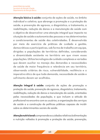MINISTÉRIO DA SAÚDE
Secretaria de Atenção à Saúde
Departamento de Atenção Básica



Atenção básica à saúde: conjunto de ações de saúde, no âmbito
individual e coletivo, que abrange a promoção e a proteção da
saúde, a prevenção de agravos, o diagnóstico, o tratamento, a
reabilitação, redução de danos e a manutenção da saúde com
o objetivo de desenvolver uma atenção integral que impacte na
situação de saúde e autonomia das pessoas e nos determinantes
e condicionantes de saúde das coletividades. É desenvolvida
por meio do exercício de práticas de cuidado e gestão,
democráticas e participativas, sob forma de trabalho em equipe,
dirigidas a populações de territórios definidos, considerando
a dinamicidade existente no território em que vivem essas
populações. Utiliza tecnologias de cuidado complexas e variadas
que devem auxiliar no manejo das demandas e necessidades
de saúde de maior frequência e relevância em seu território,
observando critérios de risco, vulnerabilidade, resiliência e o
imperativo ético de que toda demanda, necessidade de saúde e
sofrimento devem ser acolhidos.

Atenção integral à saúde: conjunto de ações de promoção e
proteção da saúde, prevenção de agravos, diagnóstico, tratamento,
reabilitação, redução de danos e manutenção da saúde, orientadas
pelas necessidades da população, e que incluem a atitude do
profissional no encontro com os usuários, a organização dos serviços
de saúde e a construção de políticas públicas capazes de incidir
sobre os determinantes sociais de saúde.

Atenção nutricional: compreende os cuidados relativos à alimentação
e nutrição voltados à promoção e proteção da saúde, prevenção,



                                 68
 