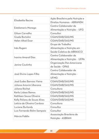 Política Nacional de Alimentação e Nutrição




                               Ação Brasileira pela Nutrição e
Elisabetta Recine
                               Direitos Humanos - ABRANDH
                               Centro Colaborador de
Estelamaris Monego
                               Alimentação e Nutrição - UFG
Gilson Carvalho                Consultor
Gisele Bortolini               CGAN/DAB/SAS/MS
Helen Altoé Duar               CGAN/DAB/SAS/MS
                               Grupo de Trabalho
Inês Rugani                    Alimentação e Nutrição em
                               Saúde Coletiva da ABRASCO
                               Centro Colaborador de
Ivanira Amaral Dias
                               Alimentação e Nutrição - UFPA
                               Organização Pan-Americana
Janine Coutinho
                               de Saúde - OPAS
                               Centro Colaborador de
José Divino Lopes Filho        Alimentação e Nutrição -
                               UFMG
José Eudes Barroso Vieira      CGAN/DAB/SAS/MS
Juliana Amorim Ubarana         CGAN/DAB/SAS/MS
Juliana Rochet                 Consultora
Karla Lisboa Ramos             CGAN/DAB/SAS/MS
Kathleen Sousa Oliveira        CGAN/DAB/SAS/MS
Kelly Poliany de Souza Alves   CGAN/DAB/SAS/MS
Letícia de Oliveira Cardoso    Consultora
Luciene Burlandy               Consultor
Luis Fernando Rolim Sampaio    Consultor
                               Assossiação Brasileira de
Márcia Fidélix
                               Nutrição - ASBRAN



                               81
 