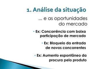 1. Análise da situação
    ... e as oportunidades
              do mercado
  • Ex: Concorrência com baixa
      participação de mercado

      • Ex: Bloqueio da entrada
         de novos concorrentes

  • Ex: Aumento espontâneo da
          procura pelo produto
 