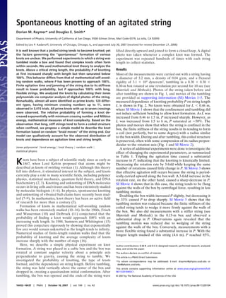 Spontaneous knotting of an agitated string
Dorian M. Raymer* and Douglas E. Smith*
Department of Physics, University of California at San Diego, 9500 Gilman Drive, Mail Code 0379, La Jolla, CA 92093
Edited by Leo P. Kadanoff, University of Chicago, Chicago, IL, and approved July 30, 2007 (received for review December 21, 2006)
It is well known that a jostled string tends to become knotted; yet
the factors governing the ‘‘spontaneous’’ formation of various
knots are unclear. We performed experiments in which a string was
tumbled inside a box and found that complex knots often form
within seconds. We used mathematical knot theory to analyze the
knots. Above a critical string length, the probability P of knotting
at ﬁrst increased sharply with length but then saturated below
100%. This behavior differs from that of mathematical self-avoid-
ing random walks, where P has been proven to approach 100%.
Finite agitation time and jamming of the string due to its stiffness
result in lower probability, but P approaches 100% with long,
ﬂexible strings. We analyzed the knots by calculating their Jones
polynomials via computer analysis of digital photos of the string.
Remarkably, almost all were identiﬁed as prime knots: 120 differ-
ent types, having minimum crossing numbers up to 11, were
observed in 3,415 trials. All prime knots with up to seven crossings
were observed. The relative probability of forming a knot de-
creased exponentially with minimum crossing number and Mo¨ bius
energy, mathematical measures of knot complexity. Based on the
observation that long, stiff strings tend to form a coiled structure
when conﬁned, we propose a simple model to describe the knot
formation based on random ‘‘braid moves’’ of the string end. Our
model can qualitatively account for the observed distribution of
knots and dependence on agitation time and string length.
Jones polynomial ͉ knot energy ͉ knot theory ͉ random walk ͉
statistical physics
Knots have been a subject of scientific study since as early as
1867, when Lord Kelvin proposed that atoms might be
described as knots of swirling vortices (1). Although this theory
fell into disfavor, it stimulated interest in the subject, and knots
currently play a role in many scientific fields, including polymer
physics, statistical mechanics, quantum field theory, and DNA
biochemistry (2, 3). Knotting and unknotting of DNA molecules
occurs in living cells and viruses and has been extensively studied
by molecular biologists (4–6). In physics, spontaneous knotting
and unknotting of vibrated ball-chains have recently been stud-
ied (7–9). In mathematics, knot theory has been an active field
of research for more than a century (3).
Formation of knots in mathematical self-avoiding random
walks has been extensively studied (10–16). In the 1960s, Frisch
and Wasserman (10) and Delbruck (11) conjectured that the
probability of finding a knot would approach 100% with an
increasing walk length. In 1988, Sumners and Whittington (15)
proved this conjecture rigorously by showing that exponentially
few arcs would remain unknotted as the length tends to infinity.
Numerical studies of finite-length random walks find that the
probability of knotting and the average complexity of knots
increase sharply with the number of steps (16).
Here, we describe a simple physical experiment on knot
formation. A string was placed in a cubic box and the box was
rotated at constant angular velocity about a principle axis
perpendicular to gravity, causing the string to tumble. We
investigated the probability of knotting, the type of knots
formed, and the dependence on string length. Before tumbling,
the string was held vertically above the center of the box and
dropped in, creating a quasirandom initial conformation. After
tumbling, the box was opened and the ends of the string were
lifted directly upward and joined to form a closed loop. A digital
photo was taken whenever a complex knot was formed. The
experiment was repeated hundreds of times with each string
length to collect statistics.
Results
Most of the measurements were carried out with a string having
a diameter of 3.2 mm, a density of 0.04 g/cm, and a flexural
rigidity of 3.1 ϫ 104
dynes⅐cm2
, tumbling in a 0.30 ϫ 0.30 ϫ
0.30-m box rotated at one revolution per second for 10 sec (see
Materials and Methods). Photos of the string taken before and
after tumbling are shown in Fig. 1, and movies of the tumbling
are provided as supporting information (SI) Movies 1–5. The
measured dependence of knotting probability P on string length
L is shown in Fig. 2. No knots were obtained for L Ͻ 0.46 m,
where SI Movie 1 shows that the confinement and tumbling did
not induce sufficient bending to allow knot formation. As L was
increased from 0.46 to 1.5 m, P increased sharply. However, as
L was increased from 1.5 to 6 m, P saturated at Ϸ50%. The
photos and movies show that when the string is confined in the
box, the finite stiffness of the string results in its tending to form
a coil (not perfectly, but to some degree) with a radius similar
to the box width. During and after tumbling, this coiled structure
is preserved, often with some compression of its radius perpen-
dicular to the rotation axis (Fig. 1 and SI Movie 2).
A series of additional experiments were done to investigate the
effect of changing the experimental parameters, as summarized
in Table 1. Tripling the agitation time caused a substantial
increase in P, indicating that the knotting is kinetically limited.
Decreasing the rotation rate by 3-fold while keeping the same
number of rotations caused little change in P. SI Movie 3 shows
that effective agitation still occurs because the string is period-
ically carried upward along the box wall. A 3-fold increase in the
rotation rate, on the other hand, caused a sharp decrease in P.
SI Movie 4 shows that in this case, the string tends to be flung
against the walls of the box by centrifugal force, resulting in less
tumbling motion.
Doubling the box width increased P slightly, but decreasing it
by 33% caused P to drop sharply. SI Movie 5 shows that the
tumbling motion was reduced because the finite stiffness of the
coiled string tends to wedge it more firmly against the walls of
the box. We also did measurements with a stiffer string (see
Materials and Methods) in the 0.15-m box and observed a
substantial drop in P. Observations again revealed that the
tumbling motion was reduced due to wedging of the string
against the walls of the box. Conversely, measurements with a
more flexible string found a substantial increase in P. With the
longest length studied of this string (4.6 m), P reached 85%,
Author contributions: D.M.R. and D.E.S. designed research, performed research, analyzed
data, and wrote the paper.
The authors declare no conﬂict of interest.
This article is a PNAS Direct Submission.
*To whom correspondence may be addressed. E-mail: draymer@physics.ucsd.edu or
des@physics.ucsd.edu.
This article contains supporting information online at www.pnas.org/cgi/content/full/
0611320104/DC1.
© 2007 by The National Academy of Sciences of the USA
16432–16437 ͉ PNAS ͉ October 16, 2007 ͉ vol. 104 ͉ no. 42 www.pnas.org͞cgi͞doi͞10.1073͞pnas.0611320104
 