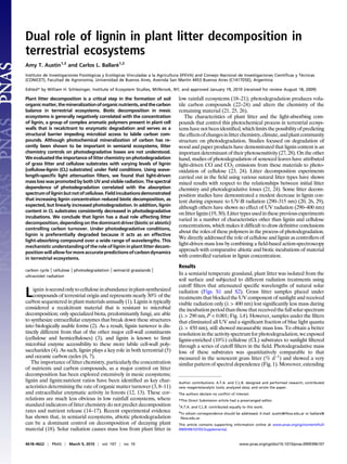 Dual role of lignin in plant litter decomposition in
terrestrial ecosystems
Amy T. Austin1,2 and Carlos L. Ballaré1,2
Instituto de Investigaciones Fisiológicas y Ecológicas Vinculadas a la Agricultura (IFEVA) and Consejo Nacional de Investigaciones Cientíﬁcas y Técnicas
(CONICET), Facultad de Agronomía, Universidad de Buenos Aires, Avenida San Martín 4453 Buenos Aires (C1417DSE), Argentina

Edited* by William H. Schlesinger, Institute of Ecosystem Studies, Millbrook, NY, and approved January 19, 2010 (received for review August 18, 2009)

Plant litter decomposition is a critical step in the formation of soil          low rainfall ecosystems (18–21); photodegradation produces vola-
organic matter, the mineralization of organic nutrients, and the carbon         tile carbon compounds (22–24) and alters the chemistry of the
balance in terrestrial ecosystems. Biotic decomposition in mesic                remaining material (21, 25, 26).
ecosystems is generally negatively correlated with the concentration               The characteristics of plant litter and the light-absorbing com-
of lignin, a group of complex aromatic polymers present in plant cell           pounds that control this photochemical process in terrestrial ecosys-
walls that is recalcitrant to enzymatic degradation and serves as a             tems have not been identiﬁed, which limits the possibility of predicting
structural barrier impeding microbial access to labile carbon com-              the effects of changes in litter chemistry, climate, and plant community
pounds. Although photochemical mineralization of carbon has re-                 structure on photodegradation. Studies focused on degradation of
cently been shown to be important in semiarid ecosystems, litter                wood and paper products have demonstrated that lignin content is an
chemistry controls on photodegradative losses are not understood.               important determinant of their photosensitivity (27, 28). On the other
We evaluated the importance of litter chemistry on photodegradation             hand, studies of photodegradation of senesced leaves have attributed
of grass litter and cellulose substrates with varying levels of lignin          light-driven CO and CO2 emissions from these materials to photo-
[cellulose-lignin (CL) substrates] under ﬁeld conditions. Using wave-           oxidation of cellulose (23, 24). Litter decomposition experiments
length-speciﬁc light attenuation ﬁlters, we found that light-driven             carried out in the ﬁeld using various natural litter types have shown
mass loss was promoted by both UV and visible radiation. The spectral           mixed results with respect to the relationships between initial litter
dependence of photodegradation correlated with the absorption                   chemistry and photodegradative losses (21, 24). Some litter decom-
spectrum of lignin but not of cellulose. Field incubations demonstrated         position studies have demonstrated a modest decrease in lignin con-
that increasing lignin concentration reduced biotic decomposition, as           tent during exposure to UV-B radiation (290–315 nm) (20, 26, 29),
expected, but linearly increased photodegradation. In addition, lignin
                                                                                although others have shown no effect of UV radiation (290–400 nm)
content in CL substrates consistently decreased in photodegradative
                                                                                on litter lignin (19, 30). Litter types used in these previous experiments
incubations. We conclude that lignin has a dual role affecting litter
                                                                                varied in a number of characteristics other than lignin and cellulose
decomposition, depending on the dominant driver (biotic or abiotic)
                                                                                concentrations, which makes it difﬁcult to draw deﬁnitive conclusions
controlling carbon turnover. Under photodegradative conditions,
                                                                                about the roles of these polymers in the process of photodegradation.
lignin is preferentially degraded because it acts as an effective
                                                                                We directly addressed the role of cellulose and lignin as controllers of
light-absorbing compound over a wide range of wavelengths. This
                                                                                light-driven mass loss by combining a ﬁeld-based action-spectroscopy
mechanistic understanding of the role of lignin in plant litter decom-
position will allow for more accurate predictions of carbon dynamics
                                                                                approach with comparative abiotic and biotic incubations of material
in terrestrial ecosystems.
                                                                                with controlled variation in lignin concentration.
                                                                                Results
             |
carbon cycle cellulose   | photodegradation | semiarid grasslands |             In a semiarid temperate grassland, plant litter was isolated from the
ultraviolet radiation
                                                                                soil surface and subjected to different radiation treatments using
                                                                                cutoff ﬁlters that attenuated speciﬁc wavelengths of natural solar
L   ignin is second only to cellulose in abundance in plant-synthesized
    compounds of terrestrial origin and represents nearly 30% of the
carbon sequestered in plant materials annually (1). Lignin is typically
                                                                                radiation (Figs. S1 and S2). Grass litter samples placed under
                                                                                treatments that blocked the UV component of sunlight and received
                                                                                visible radiation only (λ > 400 nm) lost signiﬁcantly less mass during
considered a recalcitrant material that is resistant to microbial               the incubation period than those that received the full solar spectrum
decomposition; only specialized biota, predominantly fungi, are able            (λ > 290 nm, P < 0.001; Fig. 1A). However, samples under the ﬁlters
to synthesize extracellular enzymes that break down these structures            that eliminated all UV and a signiﬁcant fraction of blue light quanta
into biologically usable forms (2). As a result, lignin turnover is dis-        (λ > 450 nm), still showed measurable mass loss. To obtain a better
tinctly different from that of the other major cell-wall constituents           resolution in the activity spectrum for photodegradation, we exposed
(cellulose and hemicelluloses) (3), and lignin is known to limit                lignin-enriched (10%) cellulose (CL) substrates to sunlight ﬁltered
microbial enzyme accessibility to these more labile cell-wall poly-             through a series of cutoff ﬁlters in the ﬁeld. Photodegradative mass
saccharides (4). As such, lignin plays a key role in both terrestrial (5)       loss of these substrates was quantitatively comparable to that
and oceanic carbon cycles (6, 7).                                               measured in the senescent grass litter (% d−1) and showed a very
   The importance of litter chemistry, particularly the concentration           similar pattern of spectral dependence (Fig. 1). Moreover, extending
of nutrients and carbon compounds, as a major control on litter
decomposition has been explored extensively in mesic ecosystems;
lignin and lignin:nutrient ratios have been identiﬁed as key char-              Author contributions: A.T.A. and C.L.B. designed and performed research; contributed
acteristics determining the rate of organic matter turnover (3, 8–11)           new reagents/analytic tools; analyzed data; and wrote the paper.
and extracellular enzymatic activity in forests (12, 13). These cor-            The authors declare no conﬂict of interest.
relations are much less obvious in low rainfall ecosystems, where               *This Direct Submission article had a prearranged editor.
standard indicators of litter chemistry do not predict decomposition            1
                                                                                 A.T.A. and C.L.B. contributed equally to this work.
rates and nutrient release (14–17). Recent experimental evidence                2
                                                                                 To whom correspondence should be addressed. E-mail: austin@ifeva.edu.ar or ballare@
has shown that, in semiarid ecosystems, abiotic photodegradation                 ifeva.edu.ar.
can be a dominant control on decomposition of decaying plant                    This article contains supporting information online at www.pnas.org/cgi/content/full/
material (18). Solar radiation causes mass loss from plant litter in            0909396107/DCSupplemental.



4618–4622 | PNAS | March 9, 2010 | vol. 107 | no. 10                                                                 www.pnas.org/cgi/doi/10.1073/pnas.0909396107
 