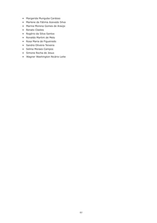 67
•	 Margarida Munguba Cardoso
•	 Marlene de Fátima Azevedo Silva
•	 Marina Morena Gomes de Araújo
•	 Renato Clastes
•	 Rogério da Silva Santos
•	 Ronaldo Martim de Melo
•	 Rosa Maria de Figueiredo
•	 Sandra Oliveira Teixeira
•	 Selma Moraes Campos
•	 Simone Rocha de Jesus
•	   Wagner Washington Nicário Leite
 