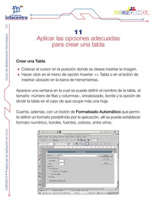 CursodealfabetizacióntecnológicaUNIDADIV•ProgramasdeaplicaciónenLinux102
11
Aplicar las opciones adecuadas
para crear una tabla
Crear una Tabla
Colocar el cursor en la posición donde se desea insertar la imagen.
Hacer click en el menú de opción Insertar >> Tabla o en el botón de
Insertar ubicado en la barra de herramientas.
Aparece una ventana en la cual se puede definir el nombre de la tabla, el
tamaño -número de filas y columnas-, encabezado, borde y la opción de
dividir la tabla en el caso de que ocupe más una hoja.
Cuenta, además, con un botón de Formateado Automático que permi-
te definir un formato predefinido por la aplicación, allí se puede establecer
formato numérico, bordes, fuentes, colores, entre otros.
 