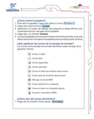 Cursodealfabetizacióntecnológica165UNIDADV•Internetbásico
¿Cómo vaciar la papelera?
1. Para abrir la papelera, haga click sobre su ícono
2. Haga click sobre el ícono
Aparecerá un cuadro de diálogo que pregunta si desea eliminar per-
manentemente los mensajes de la papelera.
3. Haga click, en el botón Aceptar.
Aunque la papelera se vacía automáticamente todos los días, el usuario
debecolocarlosmensajesenlapapeleraparaqueéstapuedavaciarse.
¿Qué significan los íconos de la bandeja de entrada?
Los íconos de la bandeja de entrada identifican cada mensaje de la
siguiente manera:
Correo no leído
Correo leído
Correo respondido
Correo reenviado
Correo no leído de remitente desconocido
Correo leído de remitente desconocido
Mensaje ofi cial de MSN
Correo electrónico no deseado
Correo no leído con fotografía adjunta
Contacto conectado al MSN
¿Cómo salir del correo electrónico?
1. Haga clic en el botón Cerrar sesión.
 