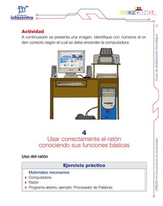 Cursodealfabetizacióntecnológica19UNIDADI•Conozcamoselcomputador
Actividad
A continuación se presenta una imagen. Identifique con números el or-
den correcto según el cual se debe encender la computadora:
4
Usar correctamente el ratón
conociendo sus funciones básicas
Uso del ratón
Ejercicio práctico
Materiales necesarios
Computadora
Ratón
Programa abierto, ejemplo: Procesador de Palabras
 