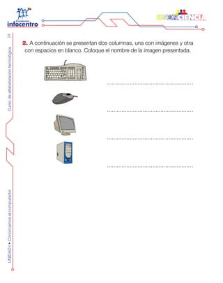 CursodealfabetizacióntecnológicaUNIDADI•Conozcamoselcomputador24
2. A continuación se presentan dos columnas, una con imágenes y otra
con espacios en blanco. Coloque el nombre de la imagen presentada.
 