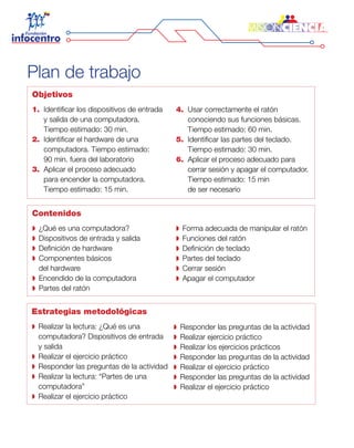 Objetivos
1. 	Identificar los dispositivos de entrada
y salida de una computadora.
Tiempo estimado: 30 min.
2. 	Identificar el hardware de una
computadora. Tiempo estimado:
90 min. fuera del laboratorio
3. 	Aplicar el proceso adecuado
para encender la computadora.
Tiempo estimado: 15 min.
4. 	Usar correctamente el ratón
conociendo sus funciones básicas.
Tiempo estimado: 60 min.
5. 	Identificar las partes del teclado.
Tiempo estimado: 30 min.
6. 	Aplicar el proceso adecuado para
cerrar sesión y apagar el computador.
Tiempo estimado: 15 min
de ser necesario
Contenidos
¿Qué es una computadora?
Dispositivos de entrada y salida
Definición de hardware
Componentes básicos
del hardware
Encendido de la computadora
Partes del ratón
Forma adecuada de manipular el ratón
Funciones del ratón
Definición de teclado
Partes del teclado
Cerrar sesión
Apagar el computador
Estrategias metodológicas
Realizar la lectura: ¿Qué es una
computadora? Dispositivos de entrada
y salida
Realizar el ejercicio práctico
Responder las preguntas de la actividad
Realizar la lectura: “Partes de una
computadora”
Realizar el ejercicio práctico
Responder las preguntas de la actividad
Realizar ejercicio práctico
Realizar los ejercicios prácticos
Responder las preguntas de la actividad
Realizar el ejercicio práctico
Responder las preguntas de la actividad
Realizar el ejercicio práctico
Plan de trabajo
 