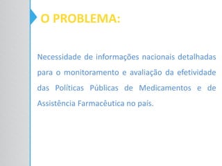 O PROBLEMA:
Necessidade de informações nacionais detalhadas
para o monitoramento e avaliação da efetividade
das Políticas Públicas de Medicamentos e de
Assistência Farmacêutica no país.
 