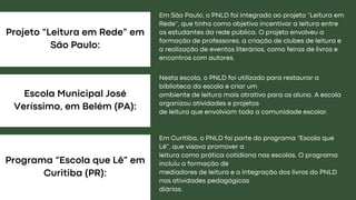 Projeto “Leitura em Rede” em
São Paulo:
Programa “Escola que Lê” em
Curitiba (PR):
Escola Municipal José
Veríssimo, em Belém (PA):
Em São Paulo, o PNLD foi integrado ao projeto “Leitura em
Rede”, que tinha como objetivo incentivar a leitura entre
os estudantes da rede pública. O projeto envolveu a
formação de professores, a criação de clubes de leitura e
a realização de eventos literários, como feiras de livros e
encontros com autores.
Nesta escola, o PNLD foi utilizado para restaurar a
biblioteca da escola e criar um
ambiente de leitura mais atrativo para os aluno. A escola
organizou atividades e projetos
de leitura que envolviam toda a comunidade escolar.
Em Curitiba, o PNLD foi parte do programa “Escola que
Lê”, que visava promover a
leitura como prática cotidiana nas escolas. O programa
incluiu a formação de
mediadores de leitura e a integração dos livros do PNLD
nas atividades pedagógicas
diárias.
 