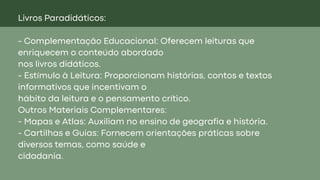 Livros Paradidáticos:
- Complementação Educacional: Oferecem leituras que
enriquecem o conteúdo abordado
nos livros didáticos.
- Estímulo à Leitura: Proporcionam histórias, contos e textos
informativos que incentivam o
hábito da leitura e o pensamento crítico.
Outros Materiais Complementares:
- Mapas e Atlas: Auxiliam no ensino de geografia e história.
- Cartilhas e Guias: Fornecem orientações práticas sobre
diversos temas, como saúde e
cidadania.
 