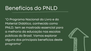 Benefícios do PNLD
"O Programa Nacional do Livro e do
Material Didático, conhecido como
PNLD, tem se mostrado essencial para
a melhoria da educação nas escolas
públicas do Brasil. Vamos explorar
alguns dos principais benefícios deste
programa"
 