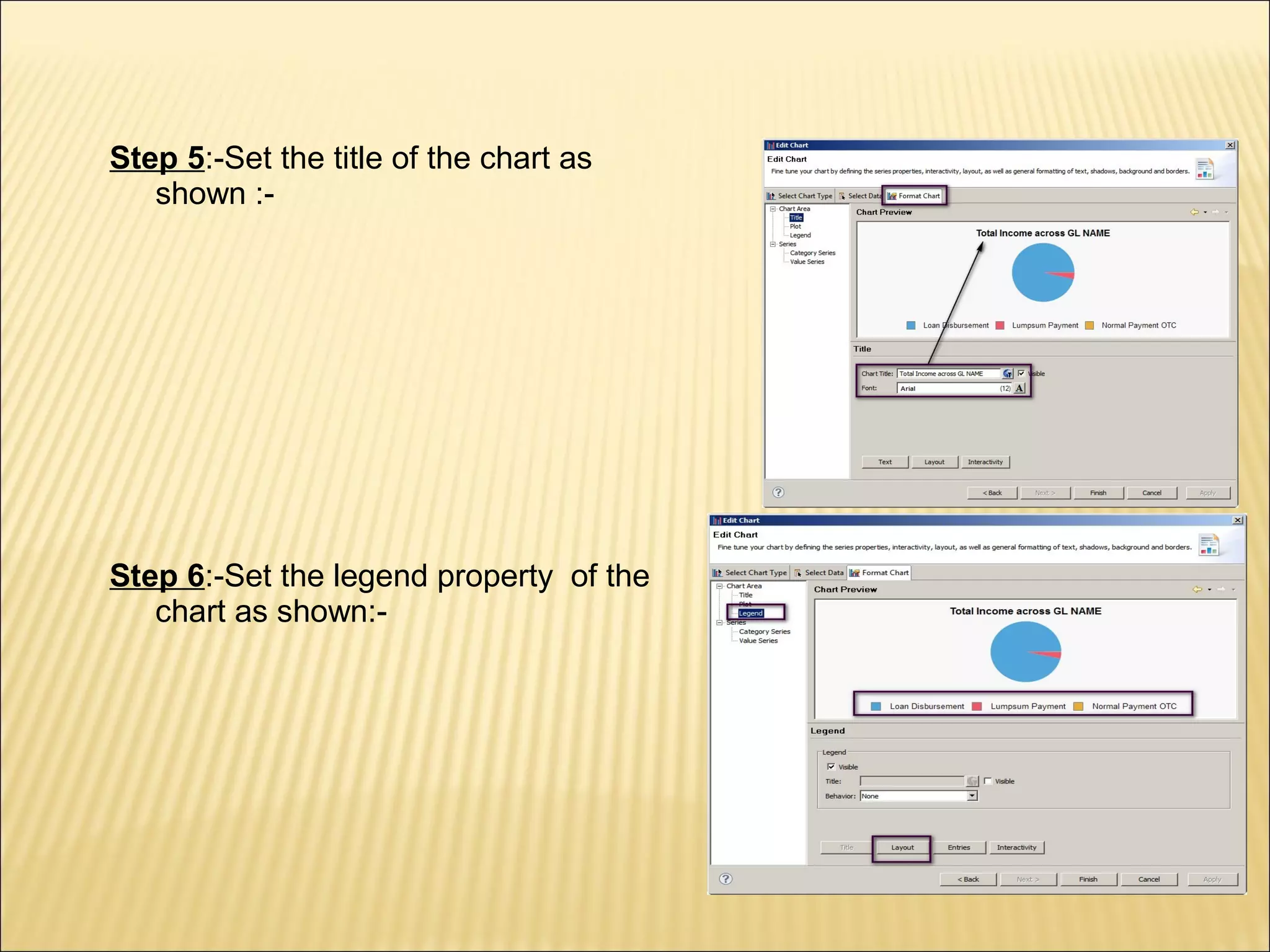 Step 5:-Set the title of the chart as
shown :-
Step 6:-Set the legend property of the
chart as shown:-
 