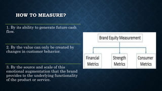 HOW TO MEASURE?
1. By its ability to generate future cash
flow.
2. By the value can only be created by
changes in customer behavior.
3. By the source and scale of this
emotional augmentation that the brand
provides to the underlying functionality
of the product or service.
 
