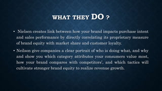 WHAT THEY DO ?
• Nielsen creates link between how your brand impacts purchase intent
and sales performance by directly correlating its proprietary measure
of brand equity with market share and customer loyalty.
• Neilson give companies a clear portrait of who is doing what, and why
and show you which category attributes your consumers value most,
how your brand compares with competitors’, and which tactics will
cultivate stronger brand equity to realize revenue growth.
 