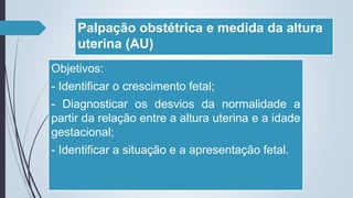 Palpação obstétrica e medida da altura
uterina (AU)
Objetivos:
- Identificar o crescimento fetal;
- Diagnosticar os desvios da normalidade a
partir da relação entre a altura uterina e a idade
gestacional;
- Identificar a situação e a apresentação fetal.
 