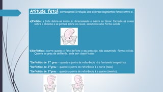 Atitude fetal: corresponde à relação dos diversos segmentos fetais entre si.
a)Fletida: o feto dobra-se sobre si, direcionando o mento ao tórax; fletindo as coxas
sobre o abdome e as pernas sobre as coxas, assumindo uma forma ovóide
b)Defletida: ocorre quando o feto deflete o seu pescoço, não assumindo forma ovóide.
Quanto ao grau de deflexão, pode ser classificada:
*Defletida de 1º grau – quando o ponto de referência é a fontanela bregmática.
*Defletida de 2ºgrau – quando o ponto de referência é o nariz (naso) .
*Defletida de 3ºgrau - quando o ponto de referência é o queixo (mento).
 