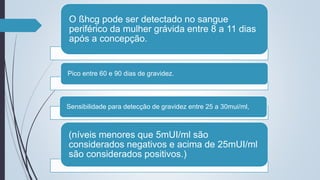O ßhcg pode ser detectado no sangue
periférico da mulher grávida entre 8 a 11 dias
após a concepção.
Pico entre 60 e 90 dias de gravidez.
Sensibilidade para detecção de gravidez entre 25 a 30mui/ml,
(níveis menores que 5mUI/ml são
considerados negativos e acima de 25mUI/ml
são considerados positivos.)
 