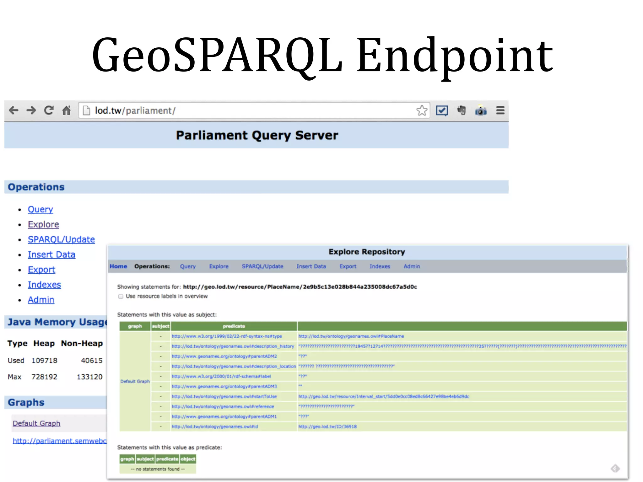 Disambiguate 
place 
names 
• ‘⼤大山腳’ 
is 
a 
name 
of 
places 
and 
a 
URI 
• There 
are 
three 
places 
named 
‘⼤大山腳’ 
 