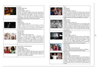 13
Senhor X
Gonçalo Galvão Teles
Portugal, 2010
Curta-metragem, Ficção, 22’
Sinopse - Um homem simples que leva uma vida escura e
fria. X acorda todas as noites para a ronda de recolha do lixo
de uma cidade que nunca chegou a ser sua, e o seu único
refúgio é o café onde todas as madrugadas observa a
empregada Y. Uma noite, X descobre na sua ronda um velho
que se prepara para queimar uma câmara de filmar.
O Barão
Edgar Pêra
Portugal, 2011
Longa-metragem, Ficção, 105’
Sinopse – Esta é a história de um barão ditador e cruel, um
vampiro marialva que aterrorizava os habitantes duma
região montanhosa, entre um registo de crítica às ditaduras
e evidentes influências dos denominados filmes de terror.
A Arca do Éden
Marcelo Félix
Portugal, 2011
Longa-metragem, Documentário, 80’
Sinopse - Um filme poético sobre a memória e a
preservação. Através de uma analogia discreta entre os
problemas de conservação na botânica e no cinema,
seguindo os passos de um viajante indeciso entre guardar e
descobrir, o filme liga o passado e o futuro em torno da
nossa luta com a perda do que nos rodeia e faz parte de nós.
Alda e Maria, Por Aqui Tudo Bem
Pocas Pascoal
Portugal-Angola, 2011
Longa-metragem, Ficção, 94’
Sinopse - No fim do verão de 1980, Alda e Maria, duas irmãs
de 16 e 17 anos, chegam a Lisboa para fugir da guerra civil
em Angola. Entregues a si próprias, terão de aprender a
sobreviver numa cidade estrangeira.
Rafa
João Salaviza
Portugal, 2012
Curta-metragem, Ficção, 25’
Sinopse - Às seis da manhã Rafa descobre que a mãe está
presa. Na mota de um amigo, cruza a ponte 25 de Abril e vai
a uma esquadra no centro de Lisboa para visitar a mãe e
esperar pela sua libertação. As horas passam, Rafa não quer
regressar sozinho e há inúmeros problemas à sua espera.
Tabu
Miguel Gomes
Portugal, 2012
Longa-metragem, Ficção, 118’
Sinopse - Uma idosa temperamental, a sua empregada cabo-
verdiana e uma vizinha dedicada a causas sociais partilham o
andar num prédio em Lisboa. Quando a primeira morre, as
outras duas passam a conhecer um episódio do seu passado:
uma história de amor e crime passada numa África de filme
de aventuras.
Operação Outono
Bruno de Almeida
Portugal, 2012
Longa-metragem, Ficção, 92’
Sinopse – Baseando-se em factos verídicos, o filme reporta-
se à cilada concebida pela PIDE, por ordem de Oliveira
Salazar, para assassinar o General Humberto Delgado. Tendo
como nome de código «Operação Outono», o crime
consumou-se em 13 de fevereiro de 1965, em Los Almerines
(território espanhol), perto da fronteira portuguesa.
Rhoma Acans
Leonor Teles
Portugal, 2012
Curta-metragem, Documentário, 2012
Sinopse - Procurando as suas próprias raízes, a realizadora
faz uma incursão na história de uma família cigana.
8816 Versos
Sofia Marques
Portugal, 2012
Longa-metragem, Documentário, 50’
Sinopse – O documentário acompanha o ano que precedeu a
apresentação do projeto protagonizado pelo ator António
Fonseca. A tarefa consistiu em decorar integralmente Os
Lusíadas, culminando numa apresentação pública da obra
em 10 de junho de 2012, em Guimarães, capital Europeia da
Cultura.
 